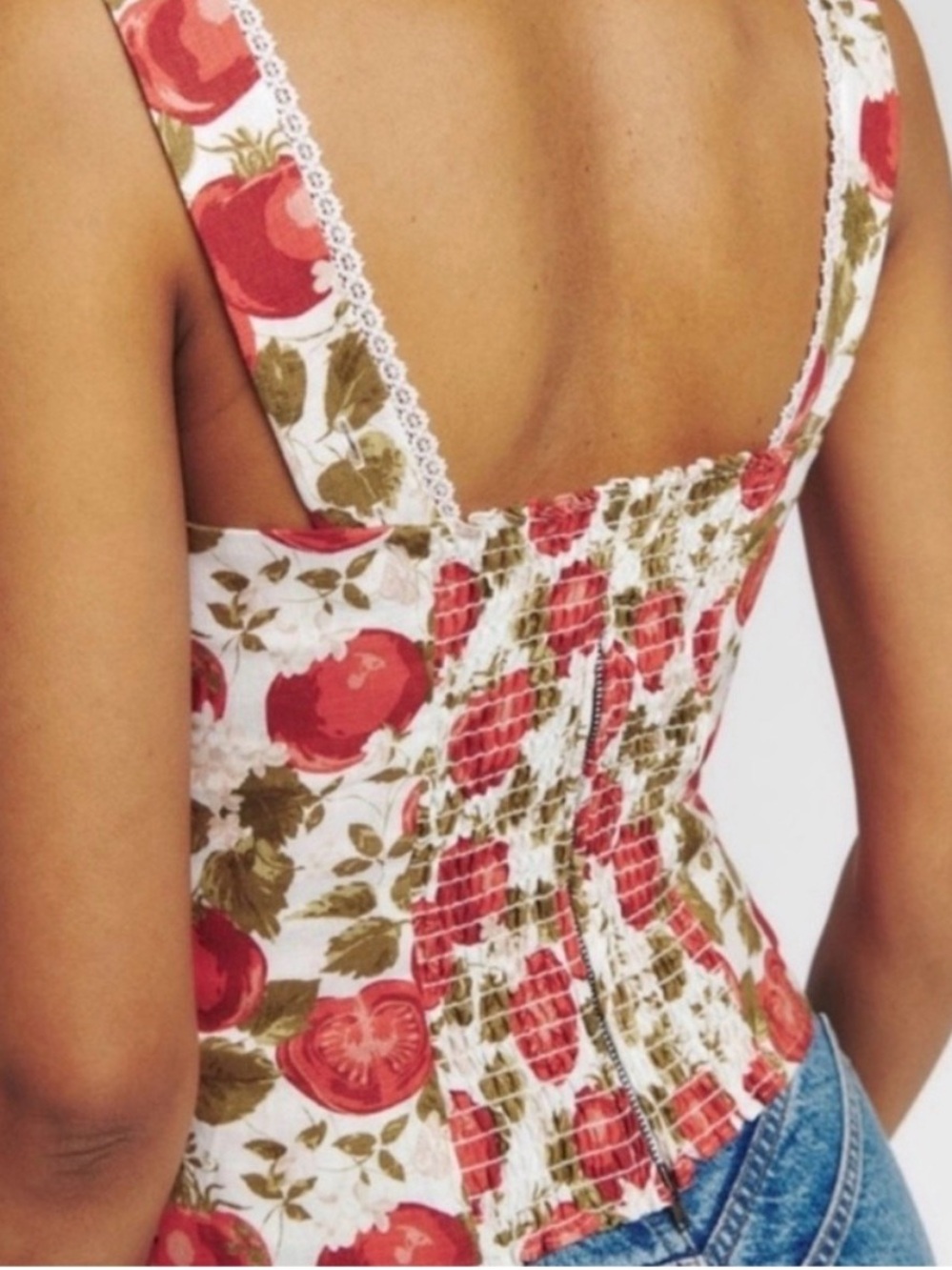 Reformation Tagliattelle Fruit Print Lace-Trim Corset Top - Red & Olive on White - Picture 2 of 3